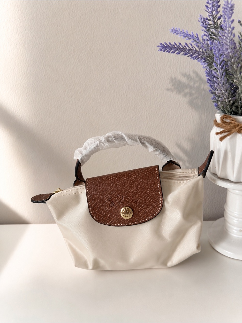 Longchamp Small Top-Handle Bag in Cream and Brown
